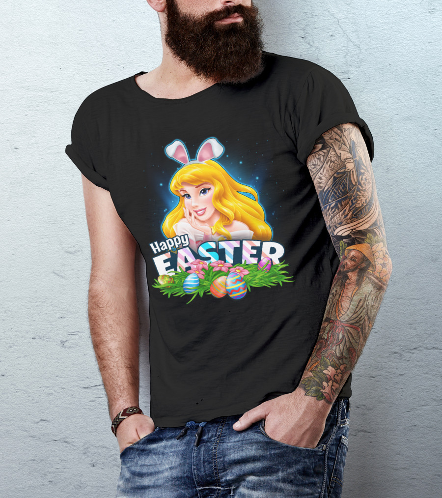 Happy Easter Aurora Bunny Ears With Colorful Eggs And Flowers T-Shirt