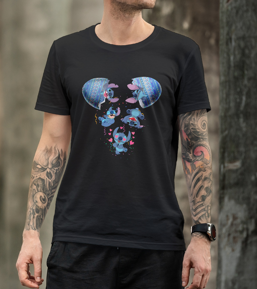 Stitch Erupting From Ornate Eggshell With Playful Expressions And Heart Confetti T-Shirt