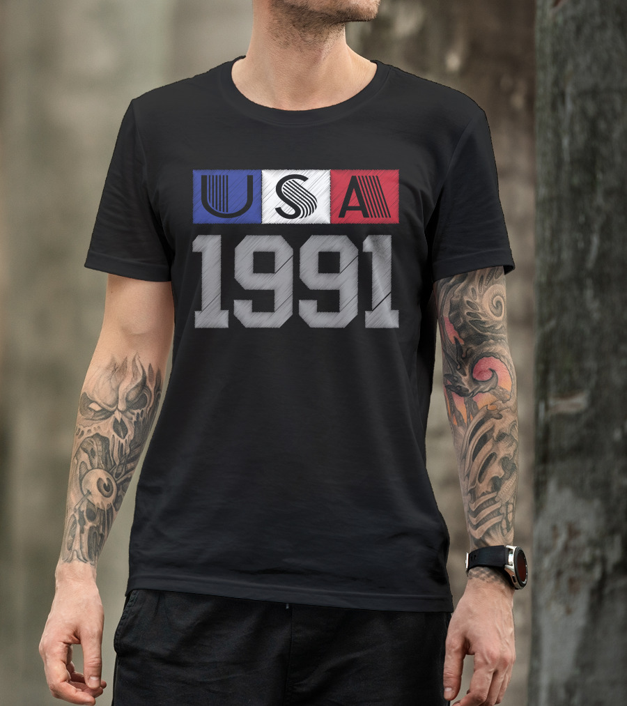 USA 1991 Vintage Graphic Blue White Red Stripes T-Shirt