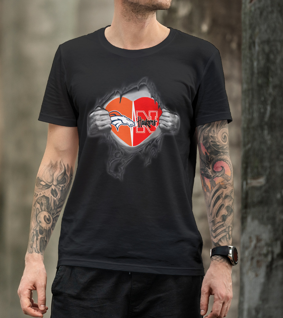 Broncos Huskers Logo Heart Rip T-Shirt