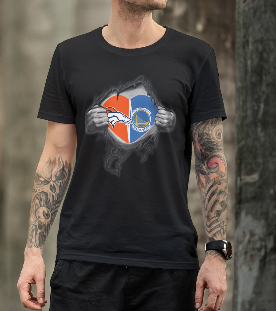 Broncos Warriors Heart With Denver Broncos And Golden State Warriors T-Shirt