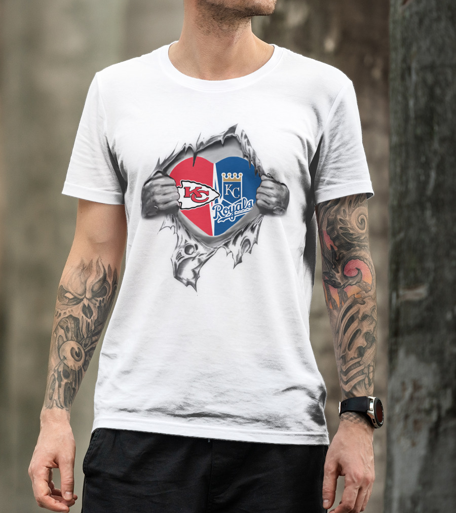 Kansas City Chiefs Royals It's In My Heart Logo Heart Split Chiefs And Royals T-Shirt
