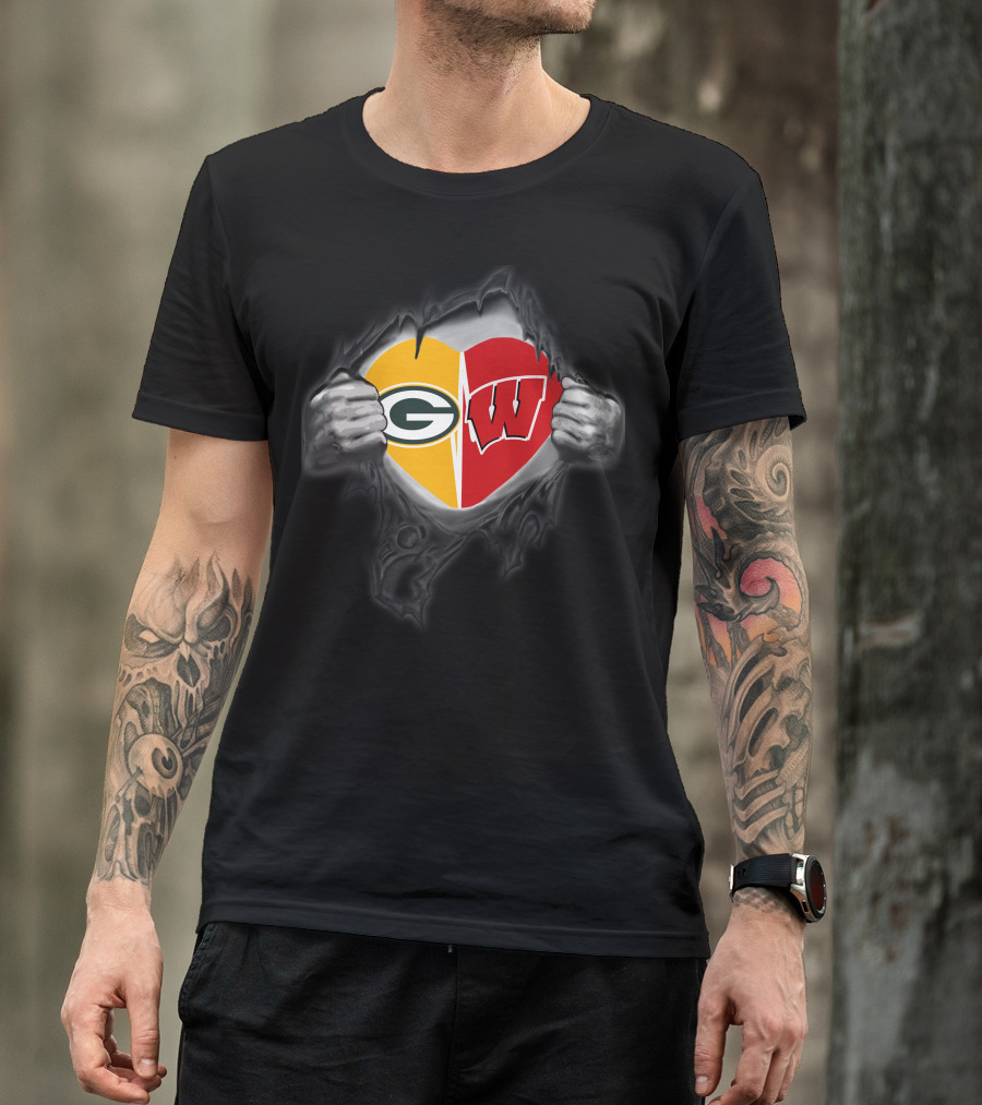 Packers Badgers Heart Tearing Open T-Shirt