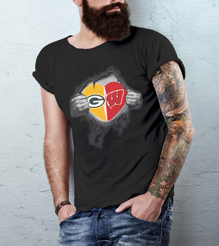 Packers Badgers Heart Tearing Open T-Shirt
