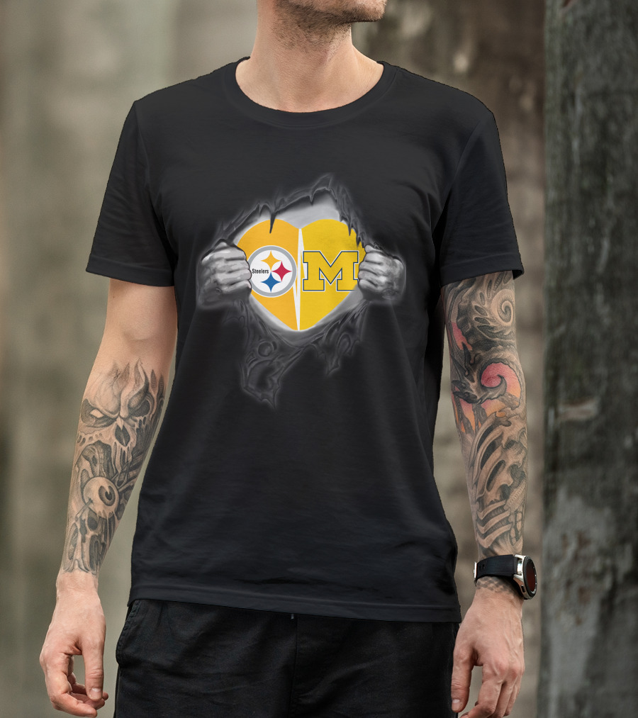Steelers And Michigan Heart Symbol Inside Ripped Skin T-Shirt