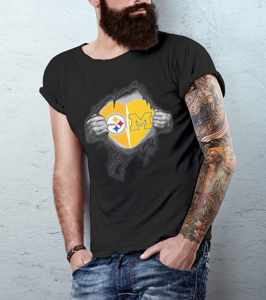 Steelers And Michigan Heart Symbol Inside Ripped Skin T-Shirt