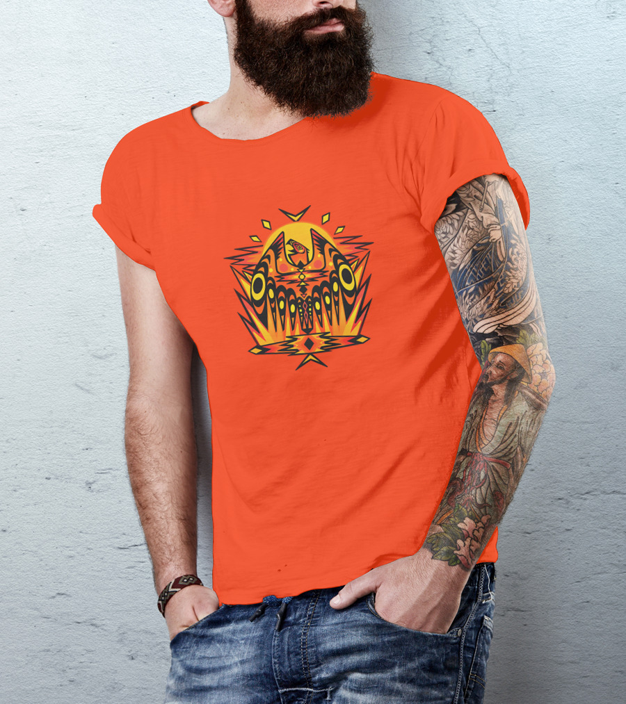 Howl Out Golden Eagle Rises Tribal Pattern On Bold Orange Background T-Shirt