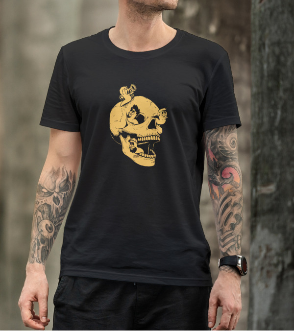 Sweet Skull Gold Variant With Worms And Cartoon Characters T-Shirt