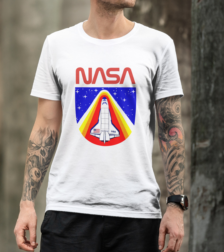 NASA Red Spaceship Emblem With Stars And Rainbow Trail T-Shirt