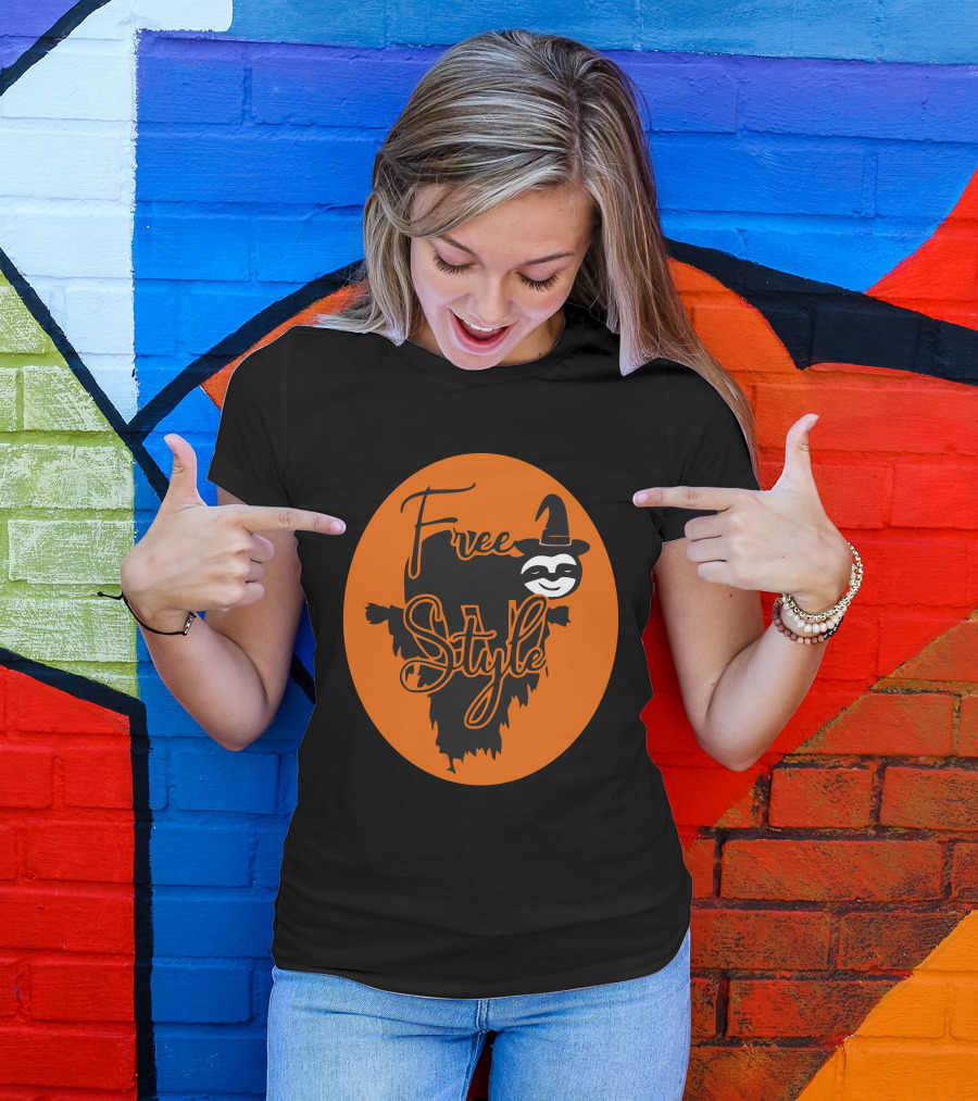 Free Style Halloween Sloth With Witch Hat In Orange Oval T-Shirt