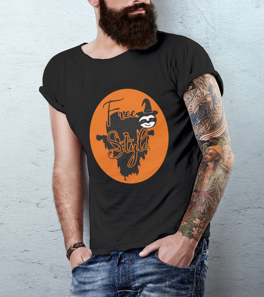 Free Style Halloween Sloth With Witch Hat In Orange Oval T-Shirt