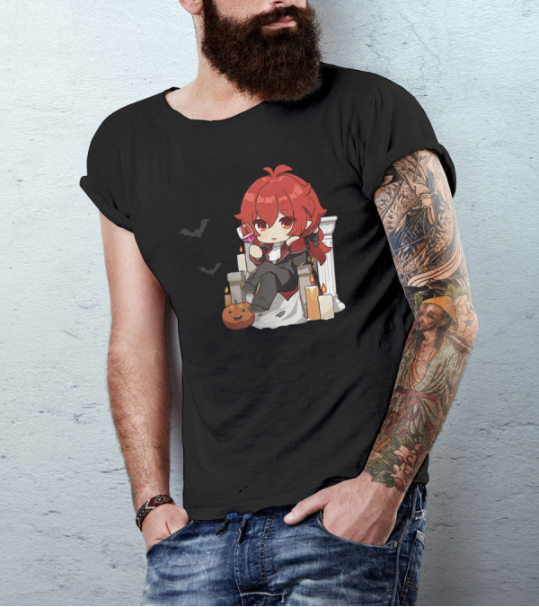 Genshin Impact Diluc Halloween Sitting With Wine And Jack-o'-Lantern T-Shirt