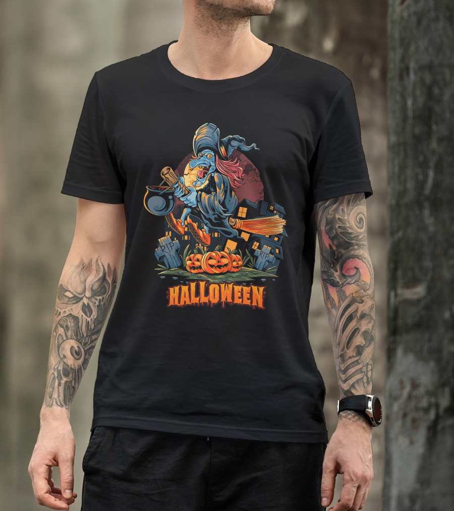 Spooky Halloween Witch Riding Broomstick With Pumpkins And Graveyard T-Shirt
