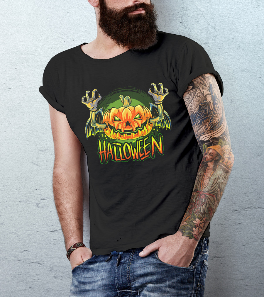 Halloween Pumpkin With Bat Wings And Zombie Hands T-Shirt