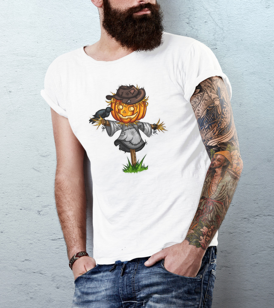 Scarecrow Halloween Pumpkin Head With Crow And Tattered Hat T-Shirt