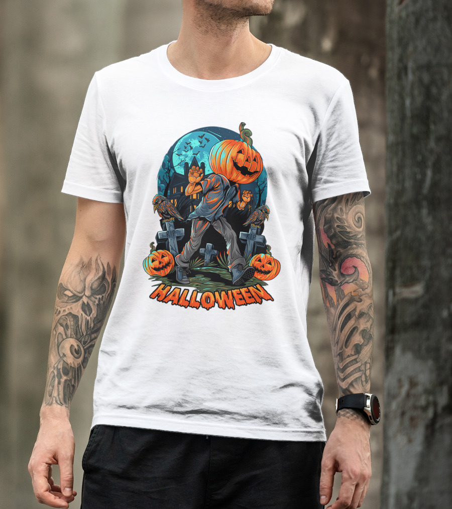 Spooky Halloween Pumpkin Head Costume With Haunted House And Bats T-Shirt
