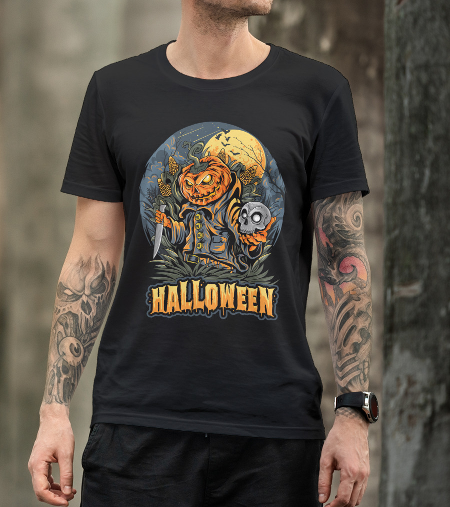 Halloween Pumpkin Head With Knife And Skull In Cornfield Scene T-Shirt