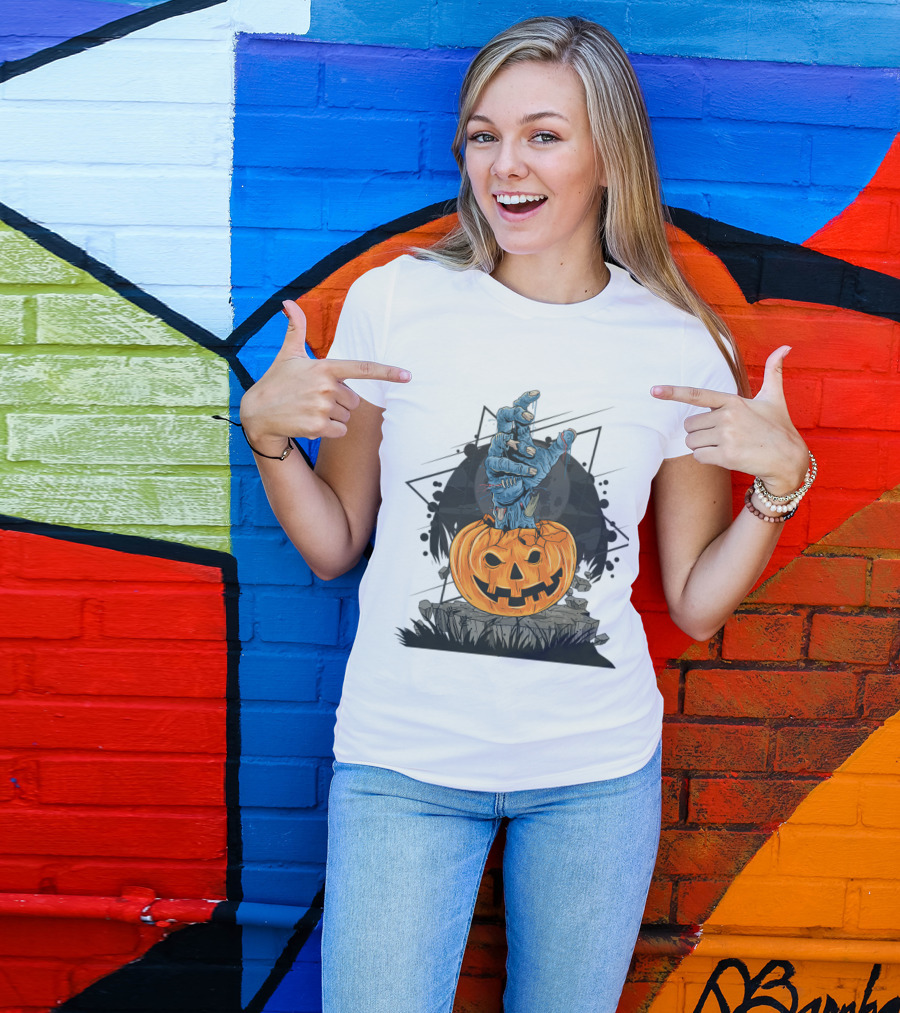 Zombie Hand Emerging From Pumpkin With Spooky Halloween Moon Background T-Shirt