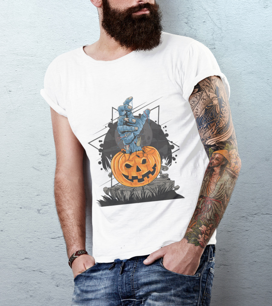 Zombie Hand Emerging From Pumpkin With Spooky Halloween Moon Background T-Shirt