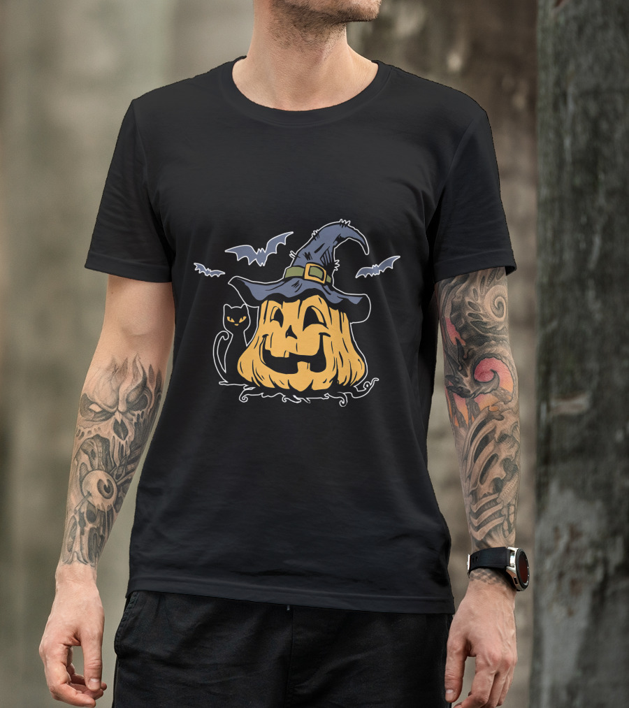 Pumpkin Black Cat Witch Hat Bats Everyday Is Halloween T-Shirt