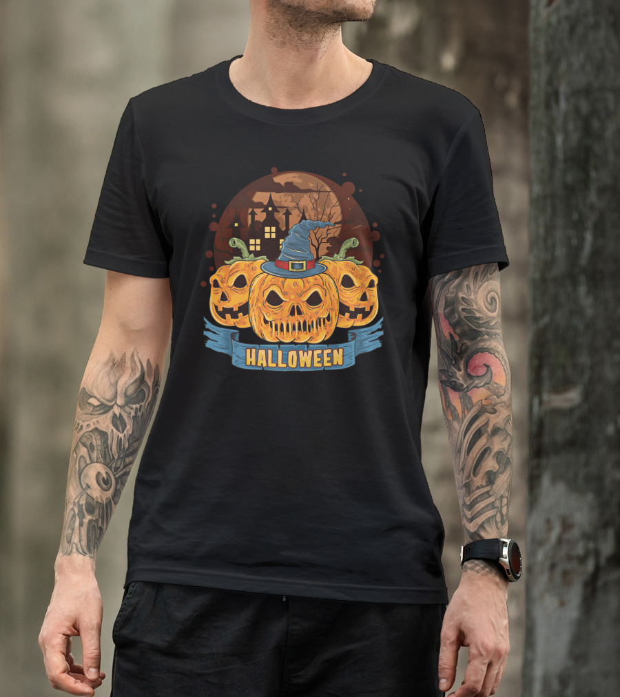 Halloween Spooky Pumpkins With Haunted House And Witch Hat T-Shirt