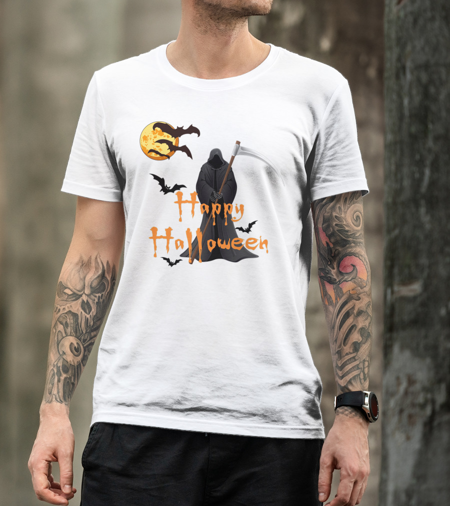 Happy Halloween Grim Reaper With Bats And Moon T-Shirt