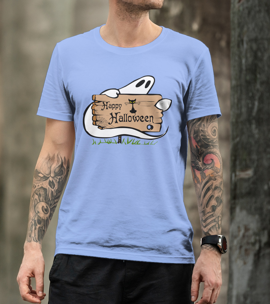 Happy Halloween Ghost With Black Cat And Spider Web T-Shirt