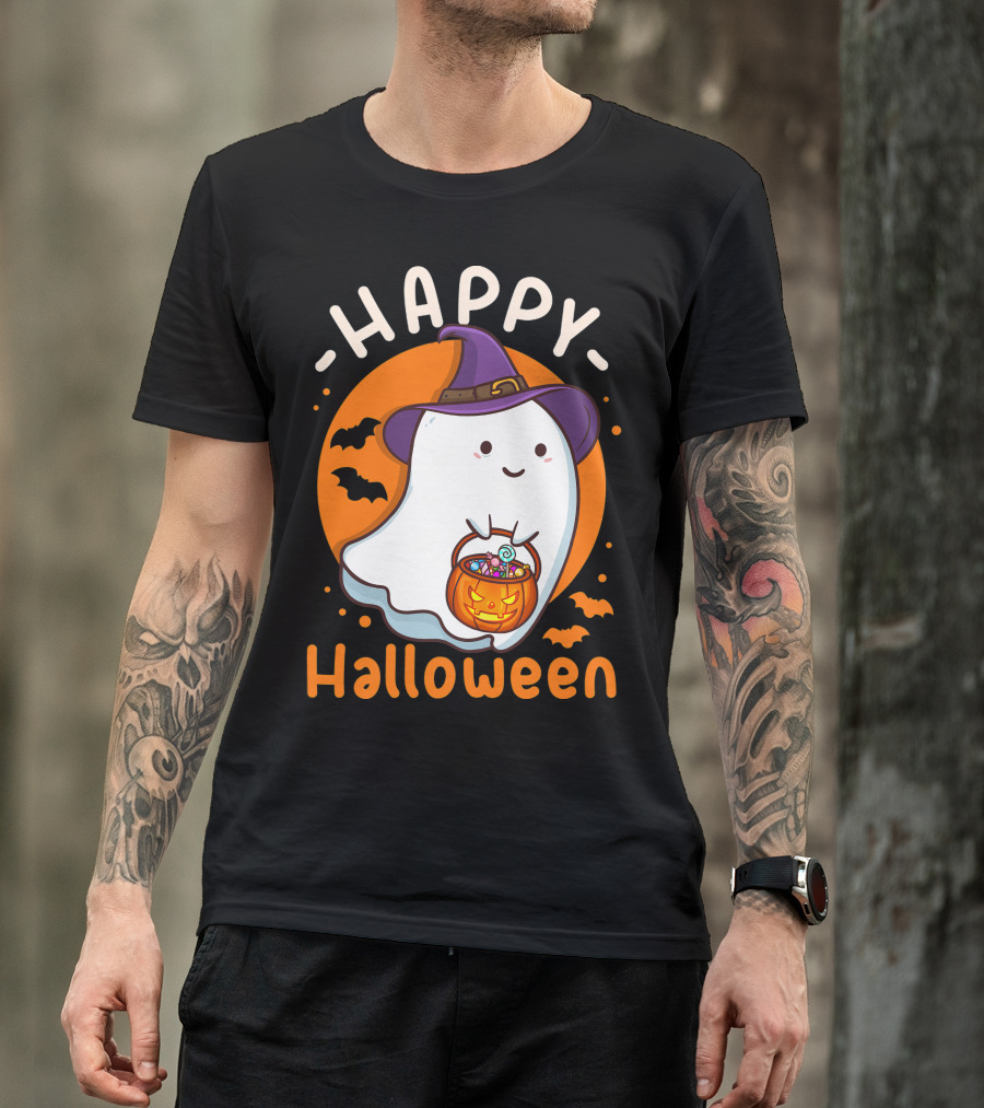 Happy Halloween Ghost With Pumpkin And Witch Hat T-Shirt