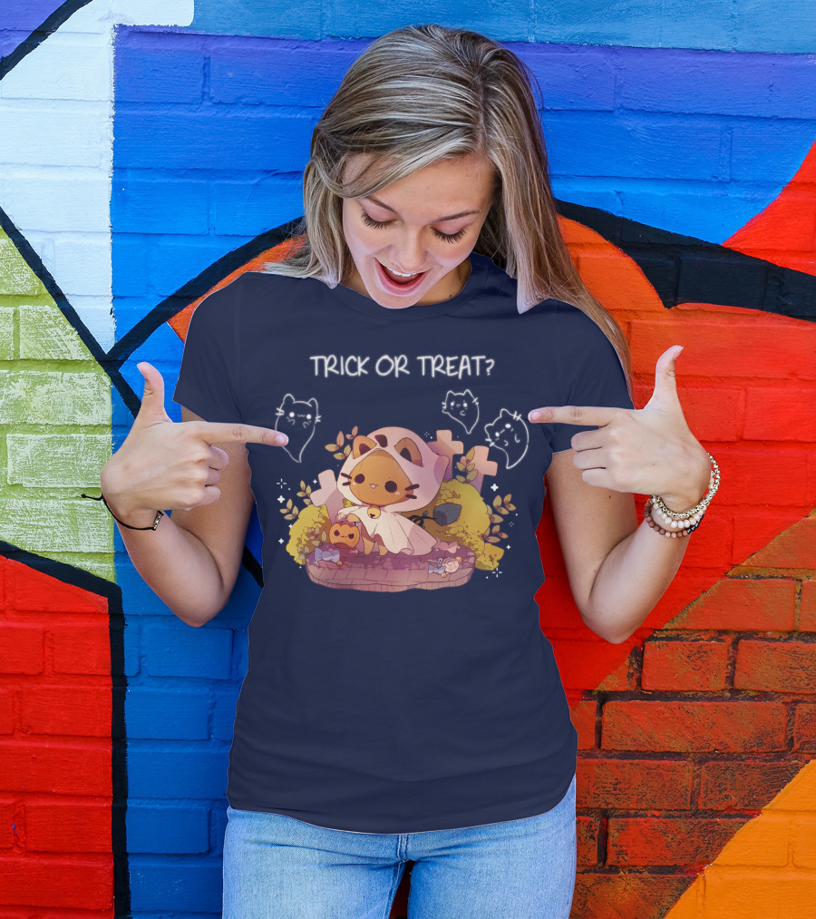 Trick Or Treat Kitty Ghost With Pumpkin And Crosses T-Shirt