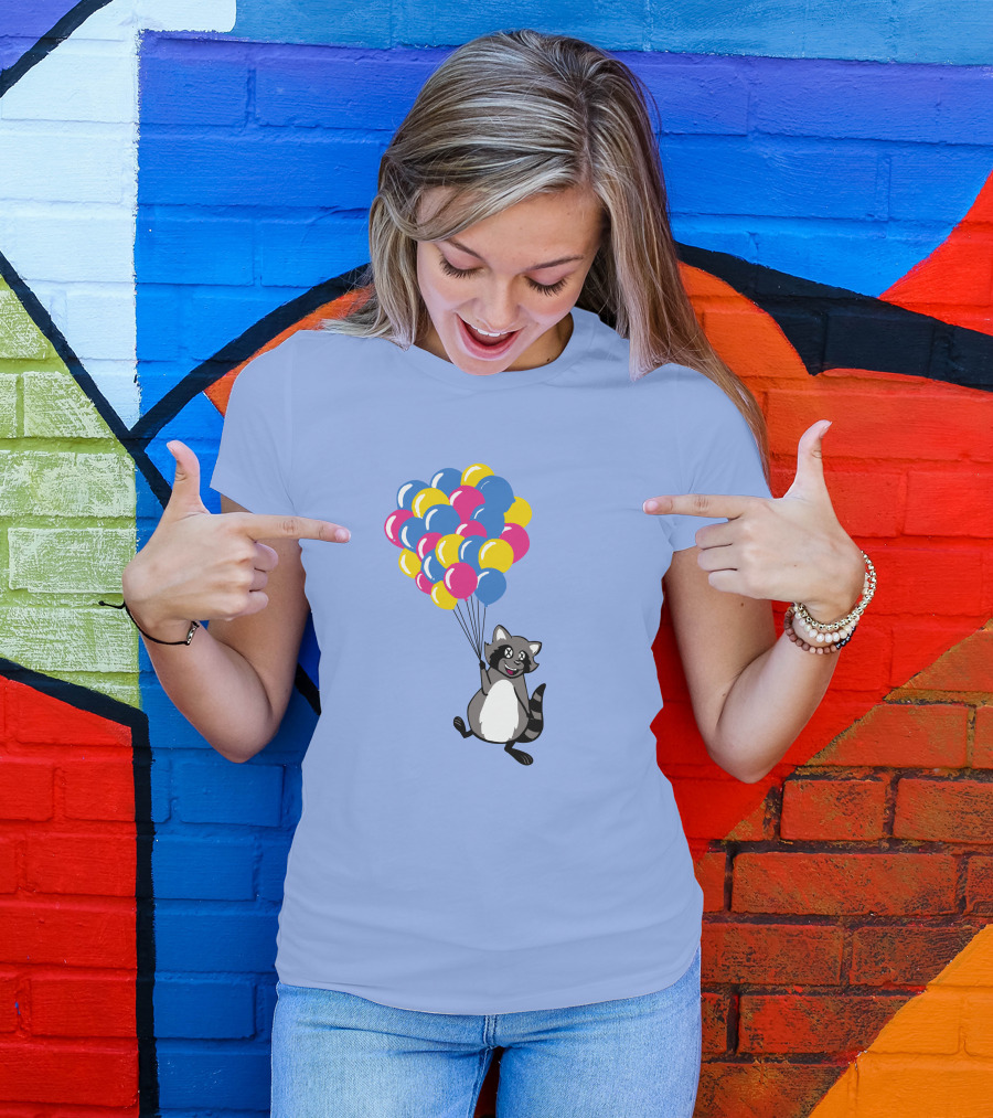 Raccoon Flying With Colorful Balloons T-Shirt