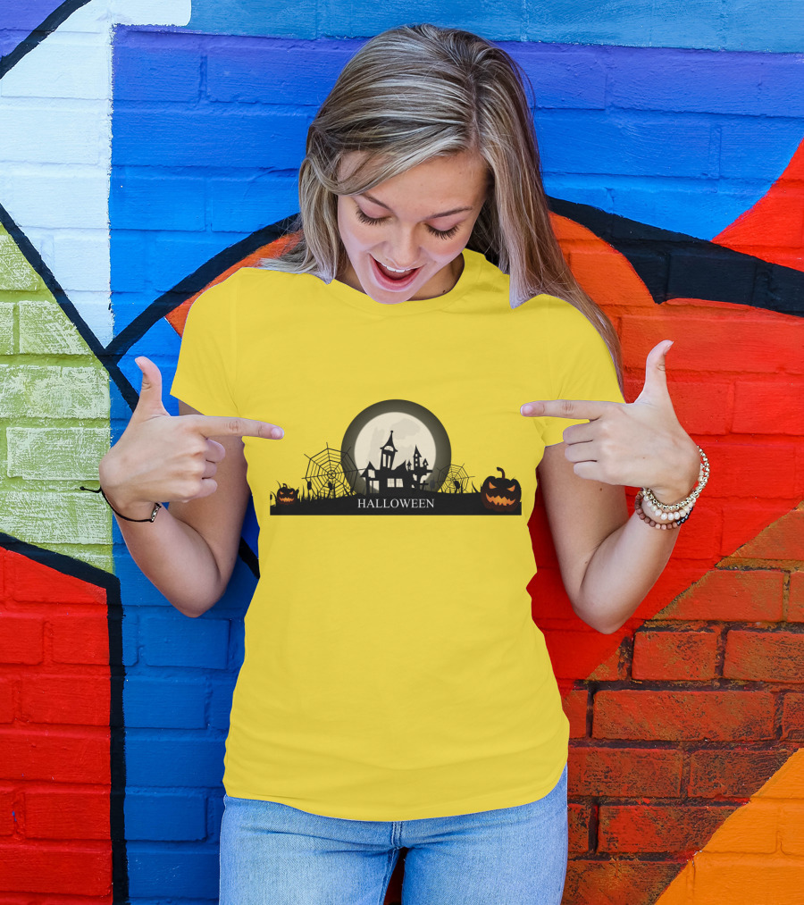 Haunted House And Jack-o'-Lantern Silhouette With Full Moon Halloween Scene T-Shirt