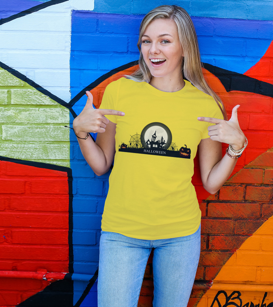 Haunted House And Jack-o'-Lantern Silhouette With Full Moon Halloween Scene T-Shirt