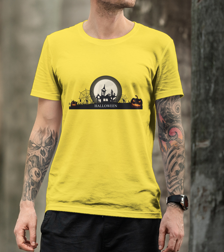 Haunted House And Jack-o'-Lantern Silhouette With Full Moon Halloween Scene T-Shirt