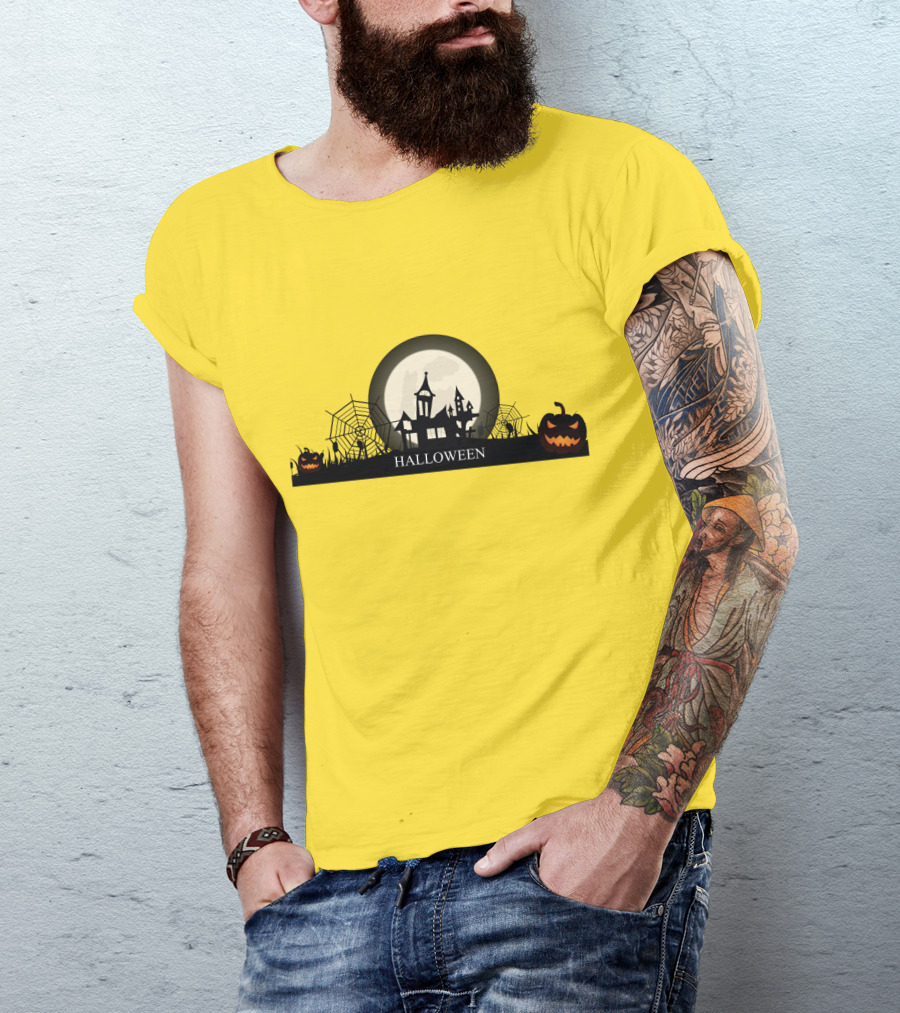 Haunted House And Jack-o'-Lantern Silhouette With Full Moon Halloween Scene T-Shirt