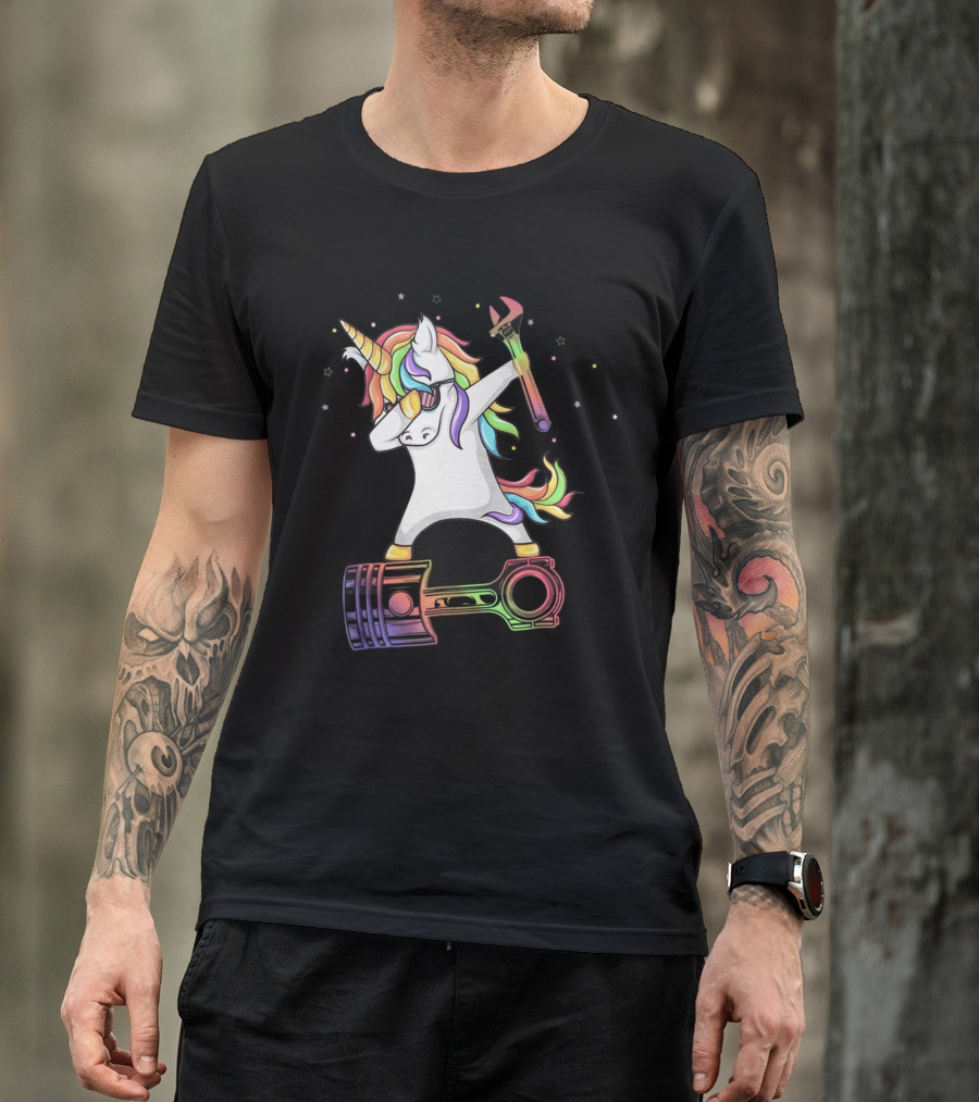 Mechanic Dabbing Unicorn Rainbow Wrench Piston T-Shirt