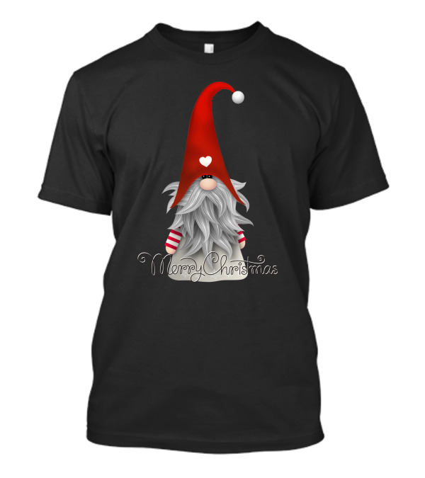 Merry Christmas Red Hat Gnome With Heart And Striped Sleeves T-Shirt