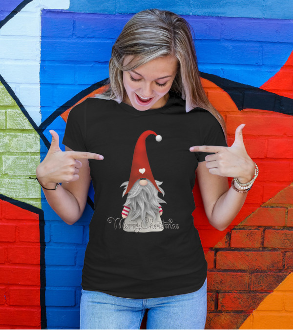 Merry Christmas Red Hat Gnome With Heart And Striped Sleeves T-Shirt