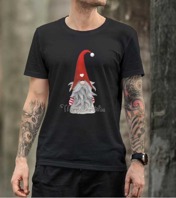 Merry Christmas Red Hat Gnome With Heart And Striped Sleeves T-Shirt