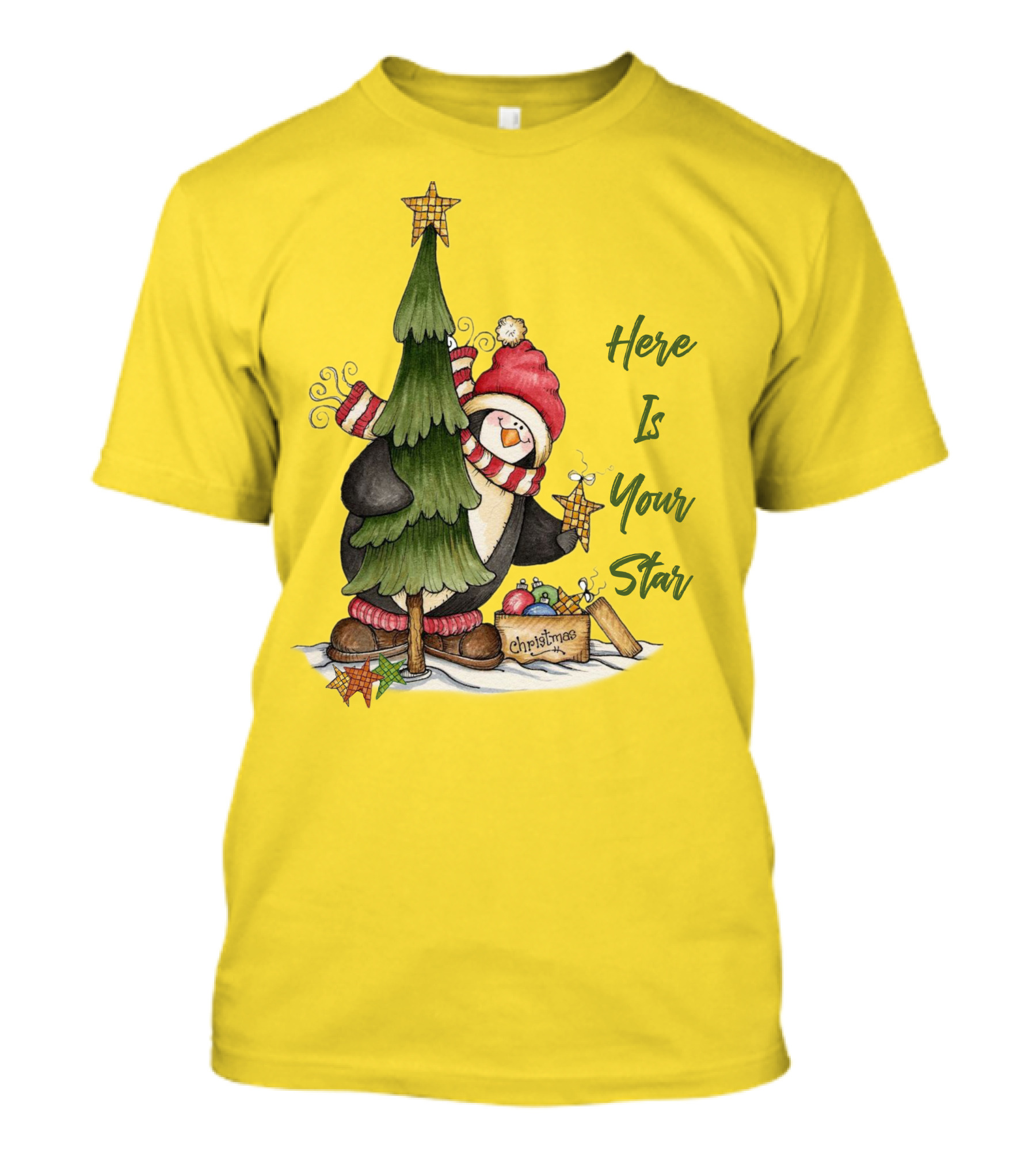 Here Is Your Christmas Star Penguin With Tree And Ornaments T-Shirt