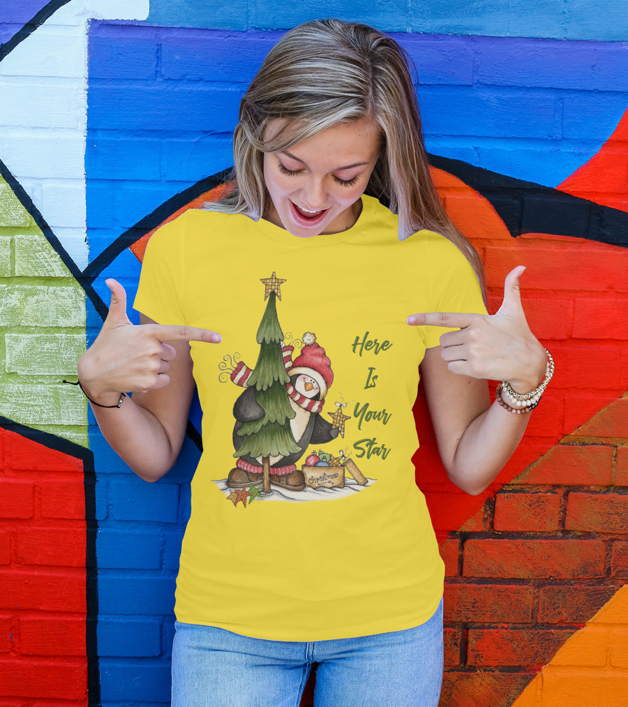 Here Is Your Christmas Star Penguin With Tree And Ornaments T-Shirt