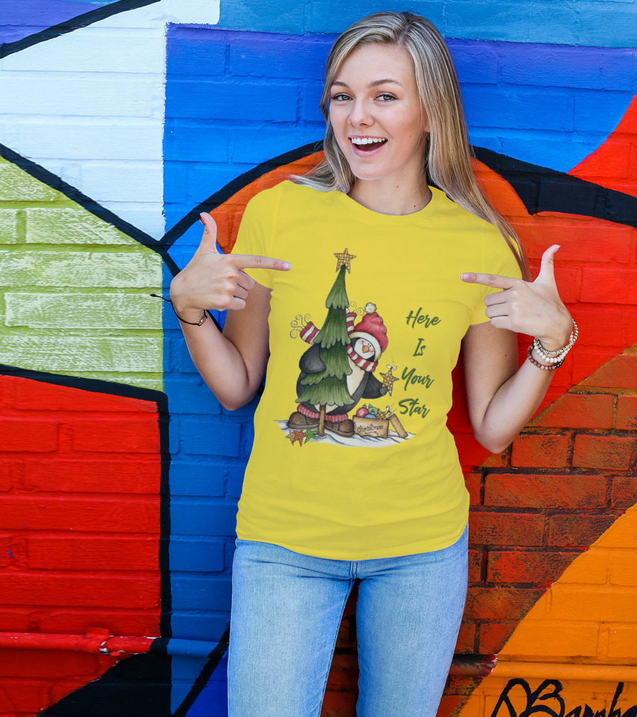 Here Is Your Christmas Star Penguin With Tree And Ornaments T-Shirt