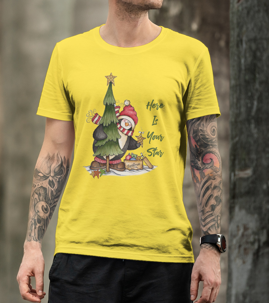 Here Is Your Christmas Star Penguin With Tree And Ornaments T-Shirt