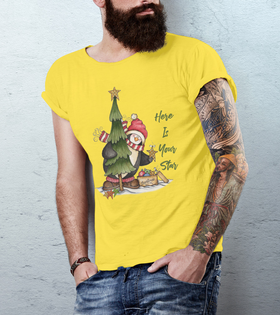 Here Is Your Christmas Star Penguin With Tree And Ornaments T-Shirt
