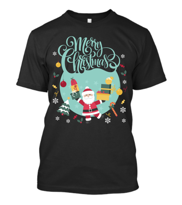 Merry Christmas Santa Carrying Gifts With Festive Decorations T-Shirt