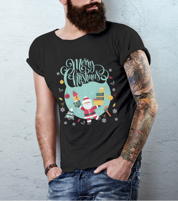 Merry Christmas Santa Carrying Gifts With Festive Decorations T-Shirt
