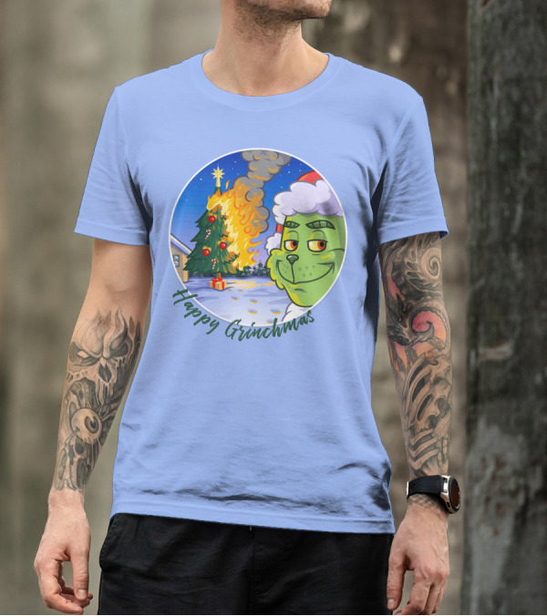 Happy Grinchmas The Grinch On Fire Christmas Tree Scene T-Shirt