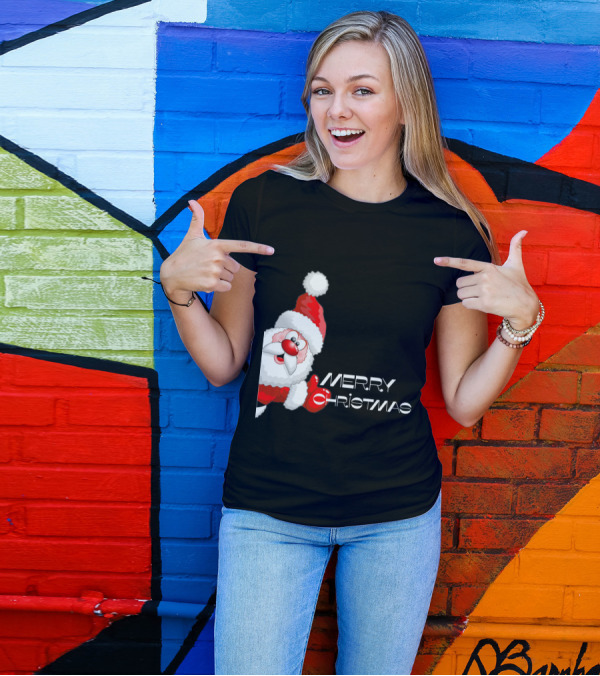 Santa Claus Peeking Cartoon Image T-Shirt