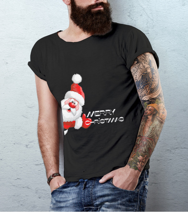 Santa Claus Peeking Cartoon Image T-Shirt