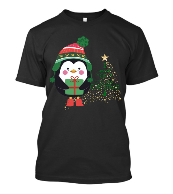 I Wish You A Merry Christmas Penguin In Festive Hat And Starry Tree T-Shirt