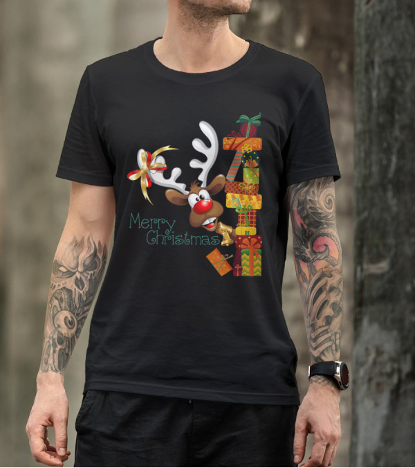 Merry Christmas Reindeer Peeking With Stacked Gifts T-Shirt